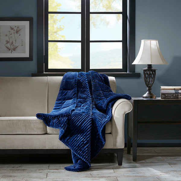 JLA Home Madison Park - Oversized Plush Down Alternative Throw for Luxurious Warmth — Ribbed Face, Box Quilted, Machine-Washable Comfort Navy BASI50-0428