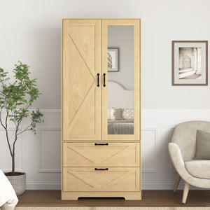English Elm 2 Door Wardrobe Closet with Full Length Mirror Motion Light Hanging Rod and Drawers Natural W409P266780