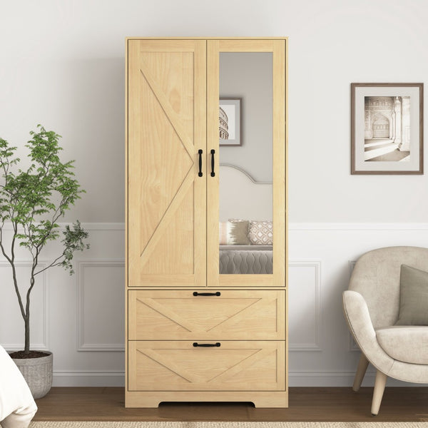 English Elm 2 Door Wardrobe Closet with Full Length Mirror Motion Light Hanging Rod and Drawers Natural W409P266780