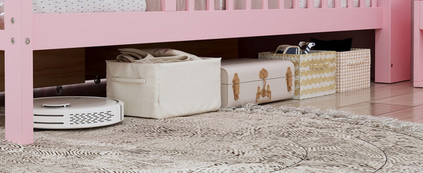 English Elm Twin Size Bed With Pink Finish, Headboard Storage, Under-Bed Drawers & Guardrails For Kids' Safety N733P272374H-GIGA