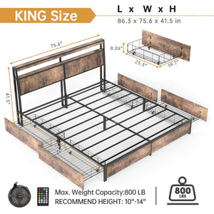 English Elm Queen Metal Platform Bed with Rgb Led Headboard Charging Station and Underbed Storage T3963P482840