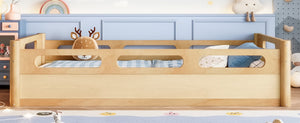 English Elm Twin Low Profile Floor Bed with Guardrails Pine Wood Frame Minimalist Bedroom Natural W1580P438791