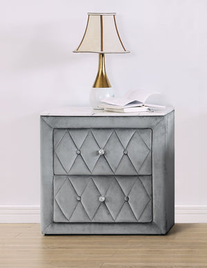 English Elm 1pc Velvet Tufted Nightstand with Faux Marble Top, Crystal Knobs and Two Drawers for Luxe Bedroom Gray 28.03 L x 20.28 W x 27.17 H B2741P321093