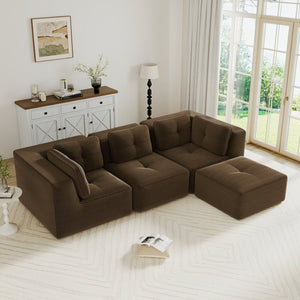 English Elm Modern Corduroy Sectional Sofa Tufted 3 Seater with Movable Ottoman Deep Seat Brown W714S01808