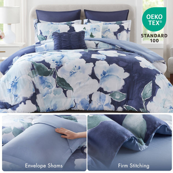 English Elm 7-piece Cal King Cotton Printed Comforter Set with Embroidered Decorative Pillows Blue Multi B035P482994