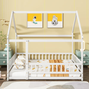 English Elm Full Size House Floor Bed With Roof Frame & Safety Guardrails - Cozy, Imaginative Retreat For Kids W504P286408