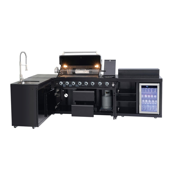 English Elm Outdoor Stainless Steel Grill Island with Sink Refrigerator and Built-in Bar Table W5007S00016