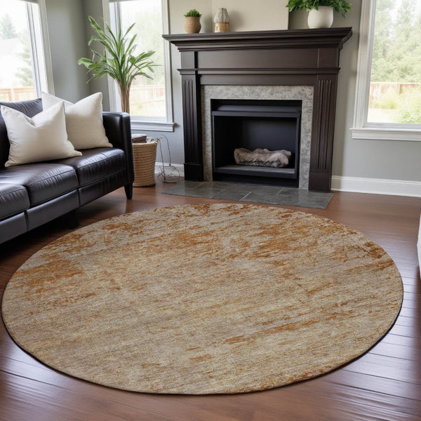 HomeRoots 8' Copper and Beige Abstract Washable Round Rug - Durable, UV Protected, Easy-Care for Modern Spaces 688000