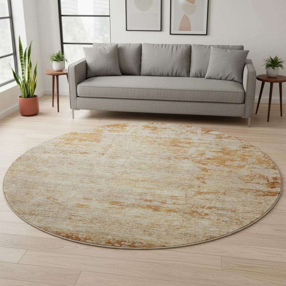 HomeRoots 8' Copper and Beige Abstract Washable Round Rug - Durable, UV Protected, Easy-Care for Modern Spaces 688000