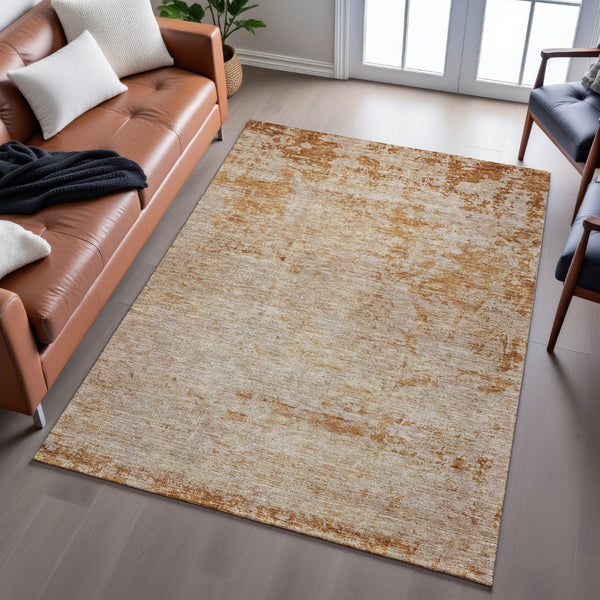 HomeRoots 10' X 14' Copper And Beige Abstract Area Rug – Washable, UV-Protected, Perfect for Active Homes! 688003