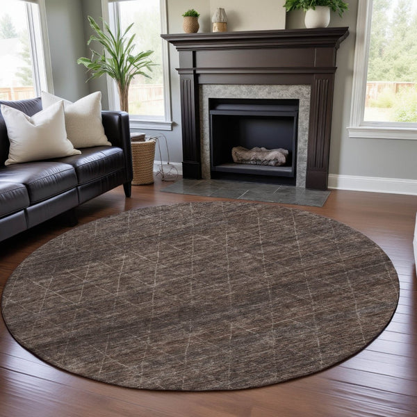 HomeRoots 8' Geometric Coffee and Beige Round Rug - Washable, UV Protected, Perfect for Homes with Kids & Pets! 688006