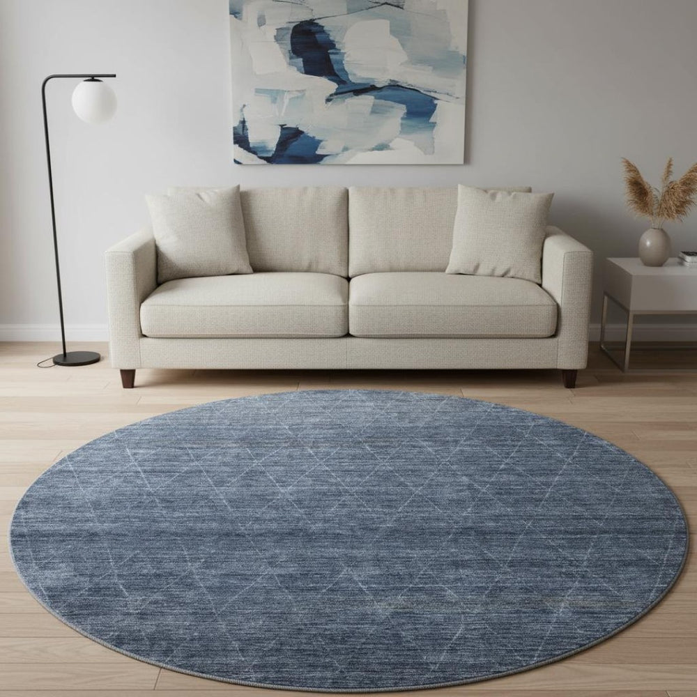 HomeRoots 8' Navy Blue & Beige Geometric Round Rug - Washable, Stain Resistant, UV Protected for Modern Homes 688012