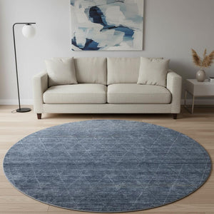 HomeRoots 8' Navy Blue & Beige Geometric Round Rug - Washable, Stain Resistant, UV Protected for Modern Homes 688012
