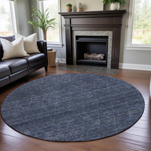 HomeRoots 8' Navy Blue & Beige Geometric Round Rug - Washable, Stain Resistant, UV Protected for Modern Homes 688012
