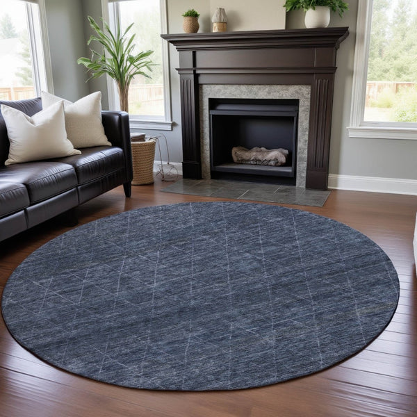 HomeRoots 8' Navy Blue & Beige Geometric Round Rug - Washable, Stain Resistant, UV Protected for Modern Homes 688012