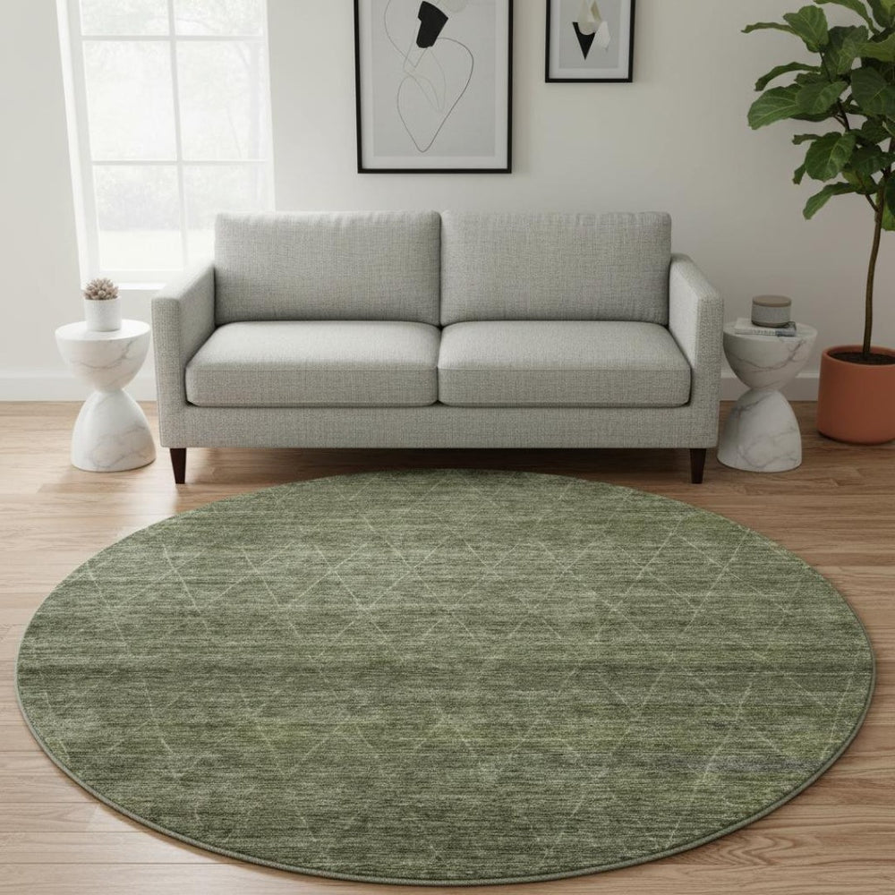 HomeRoots 8' Olive Green and Gray Geometric Round Rug – Washable, UV Protected, Ideal for Busy Homes & Kids! 688018