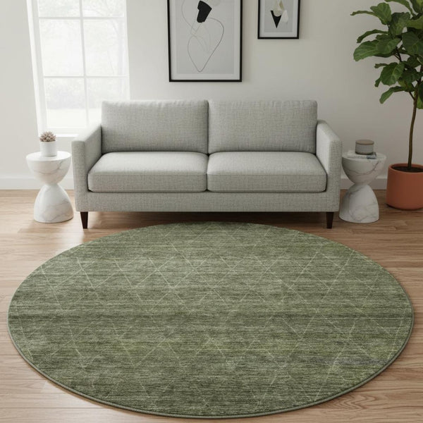 HomeRoots 8' Olive Green and Gray Geometric Round Rug – Washable, UV Protected, Ideal for Busy Homes & Kids! 688018