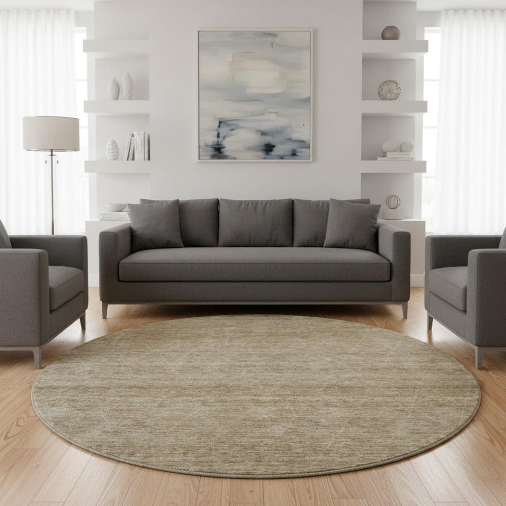 HomeRoots 8' Modern Wheat & Beige Geometric Washable Round Rug with UV Protection for Easy Care & Style 688024