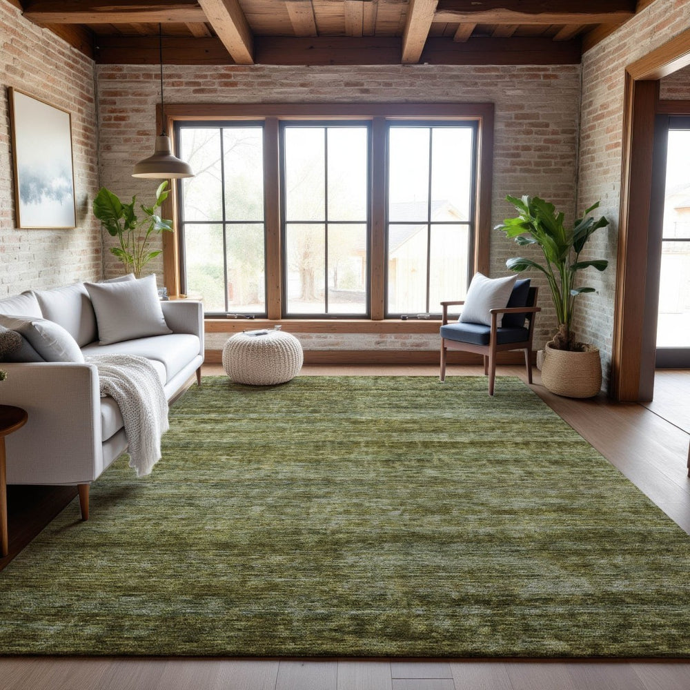 HomeRoots 5' Olive Green and Gray Striped Washable Area Rug with UV Protection – Ideal for Families & Pets! 688029