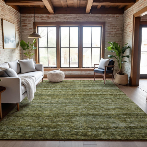 HomeRoots 5' Olive Green and Gray Striped Washable Area Rug with UV Protection – Ideal for Families & Pets! 688029
