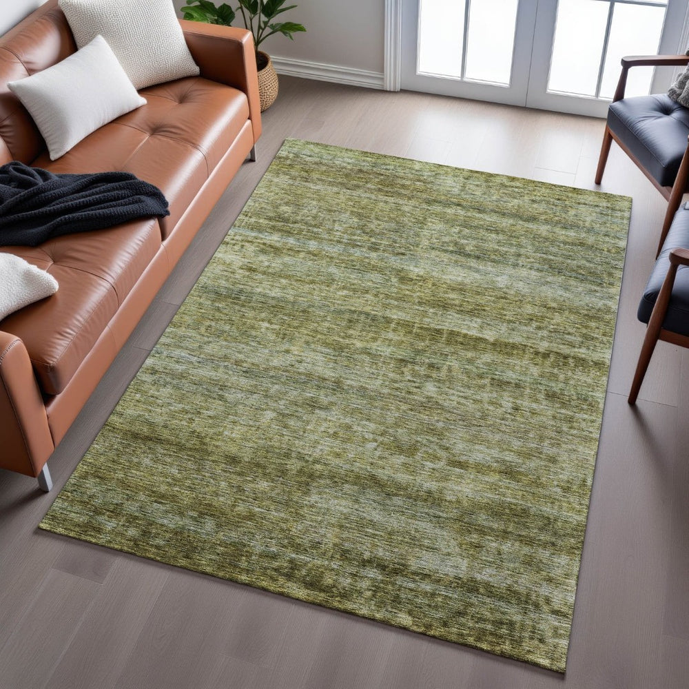 HomeRoots 5' Olive Green and Gray Striped Washable Area Rug with UV Protection – Ideal for Families & Pets! 688029