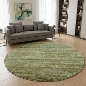 HomeRoots 8' Olive Green and Gray Striped Washable Round Rug with UV Protection - Stylish, Durable, and Easy Care 688030
