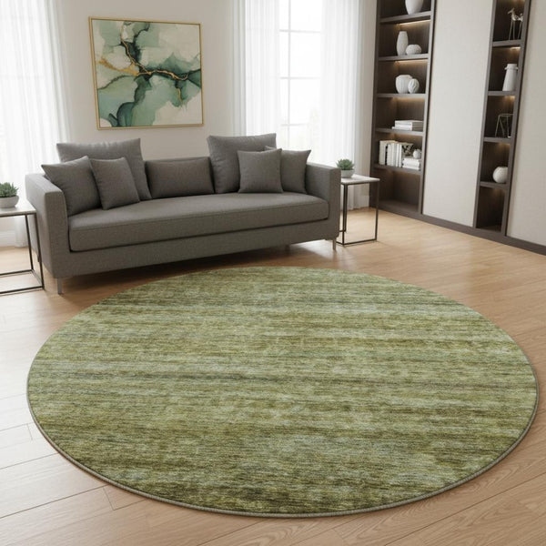 HomeRoots 8' Olive Green and Gray Striped Washable Round Rug with UV Protection - Stylish, Durable, and Easy Care 688030