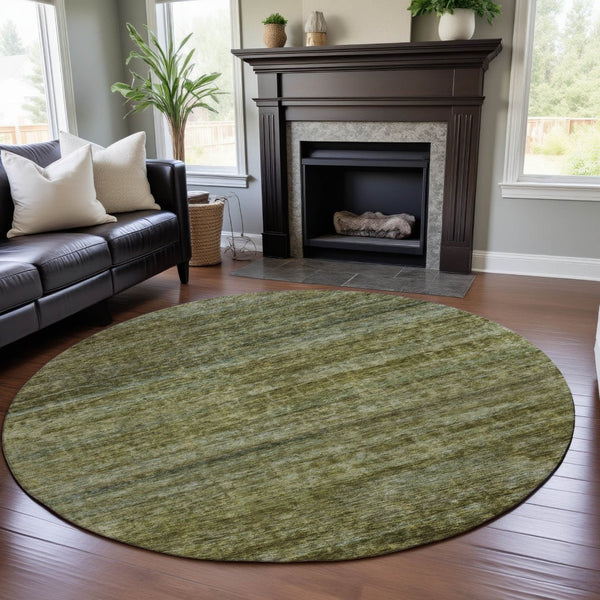 HomeRoots 8' Olive Green and Gray Striped Washable Round Rug with UV Protection - Stylish, Durable, and Easy Care 688030