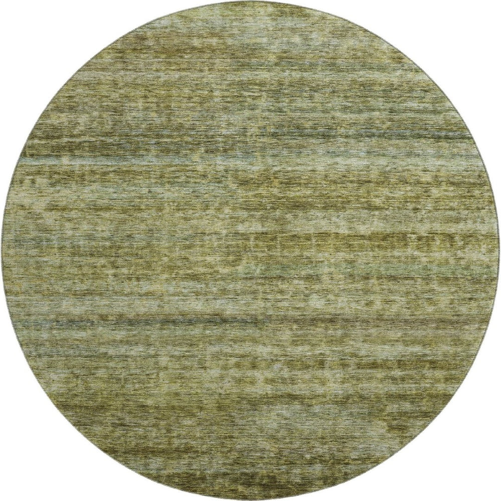 HomeRoots 8' Olive Green and Gray Striped Washable Round Rug with UV Protection - Stylish, Durable, and Easy Care 688030