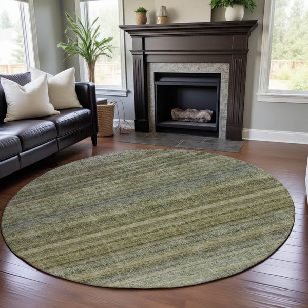 HomeRoots 8' Striped Round Rug in Artichoke Green, Gray & Beige - Washable, UV Protected, Durable Design 688036