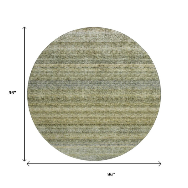 HomeRoots 8' Striped Round Rug in Artichoke Green, Gray & Beige - Washable, UV Protected, Durable Design 688036