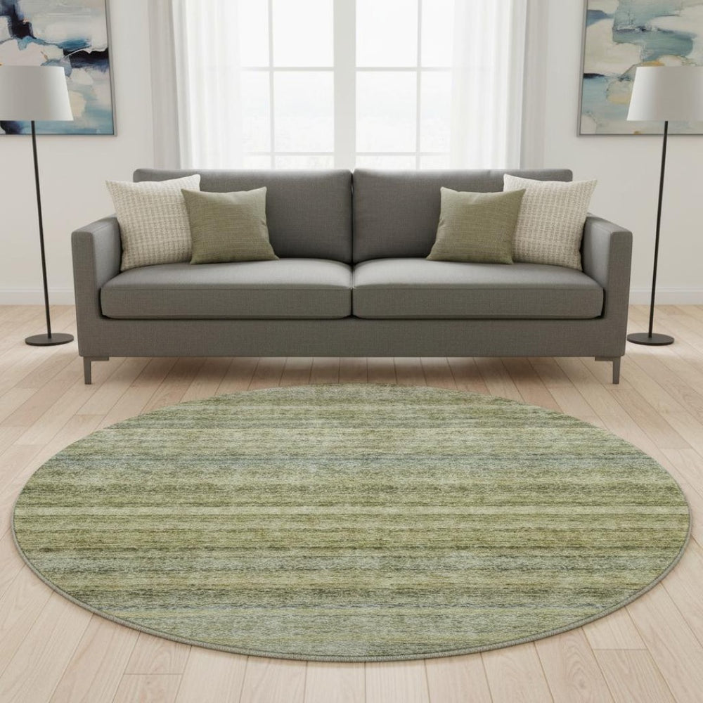 HomeRoots 8' Striped Round Rug in Artichoke Green, Gray & Beige - Washable, UV Protected, Durable Design 688036
