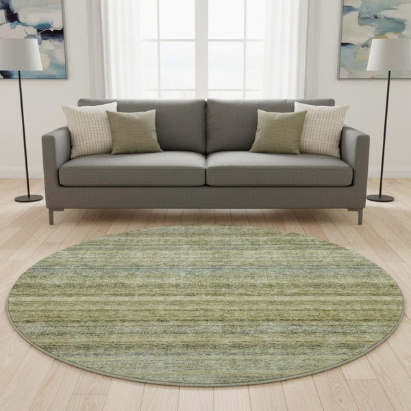 HomeRoots 8' Striped Round Rug in Artichoke Green, Gray & Beige - Washable, UV Protected, Durable Design 688036