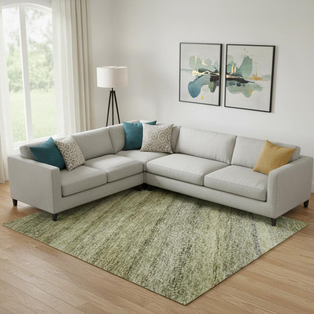 HomeRoots 9' Elegant Striped Area Rug in Artichoke Green, Gray & Beige - Washable, UV-Protected & Stylish 688038