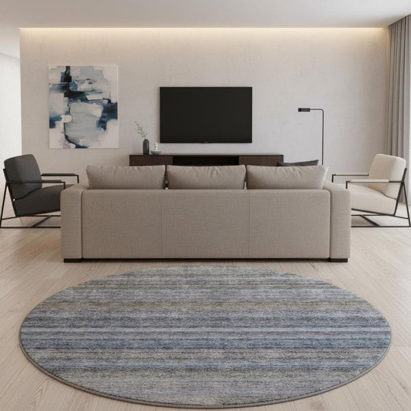 HomeRoots 8' Blue and Gray Striped Round Rug - Washable, UV-Protected, Durable Design for Homes with Kids & Pets 688042