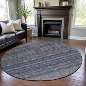 HomeRoots 8' Blue and Gray Striped Round Rug - Washable, UV-Protected, Durable Design for Homes with Kids & Pets 688042