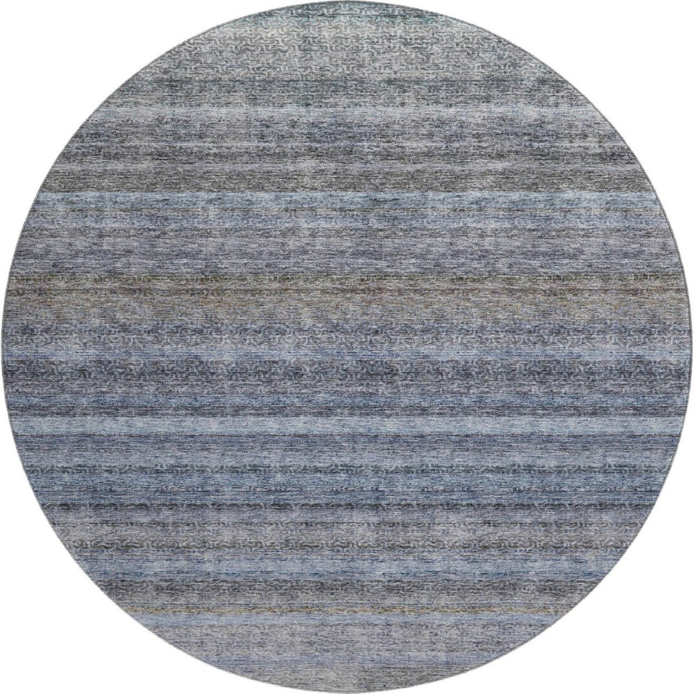 HomeRoots 8' Blue and Gray Striped Round Rug - Washable, UV-Protected, Durable Design for Homes with Kids & Pets 688042