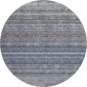 HomeRoots 8' Blue and Gray Striped Round Rug - Washable, UV-Protected, Durable Design for Homes with Kids & Pets 688042