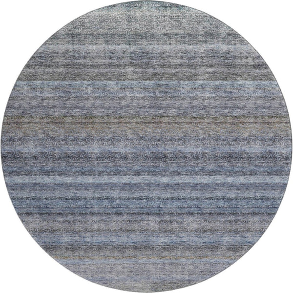 HomeRoots 8' Blue and Gray Striped Round Rug - Washable, UV-Protected, Durable Design for Homes with Kids & Pets 688042