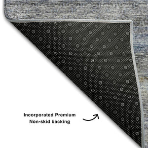 HomeRoots 8' Blue and Gray Striped Round Rug - Washable, UV-Protected, Durable Design for Homes with Kids & Pets 688042