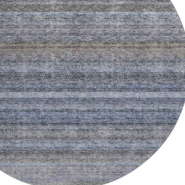 HomeRoots 8' Blue and Gray Striped Round Rug - Washable, UV-Protected, Durable Design for Homes with Kids & Pets 688042