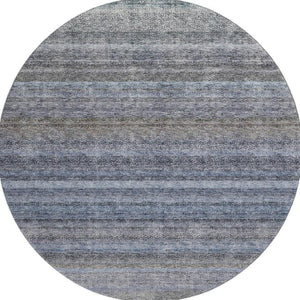 HomeRoots 8' Blue and Gray Striped Round Rug - Washable, UV-Protected, Durable Design for Homes with Kids & Pets 688042
