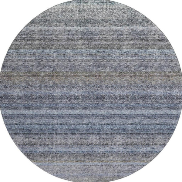 HomeRoots 8' Blue and Gray Striped Round Rug - Washable, UV-Protected, Durable Design for Homes with Kids & Pets 688042