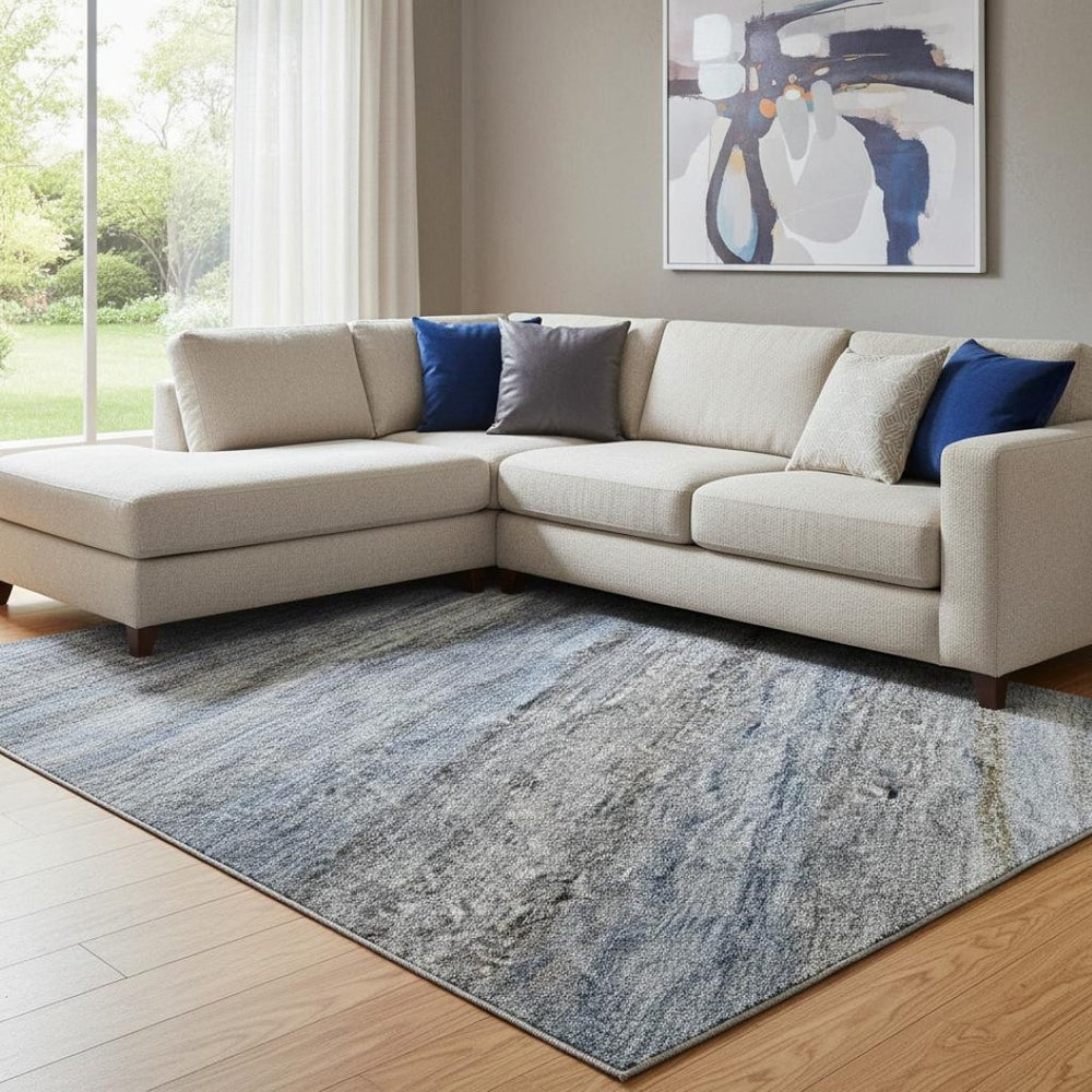 HomeRoots 8' X 10' Stylish Blue and Gray Striped Washable Area Rug with UV Protection for Home and Patio 688043