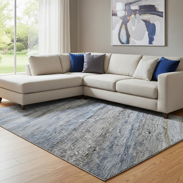 HomeRoots 8' X 10' Stylish Blue and Gray Striped Washable Area Rug with UV Protection for Home and Patio 688043