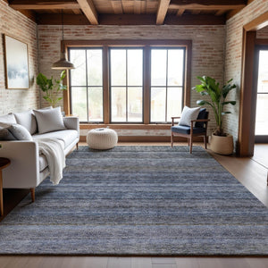 HomeRoots 9' X 12' Blue and Gray Striped Washable Area Rug with UV Protection – Stylish, Durable, Easy Care! 688044
