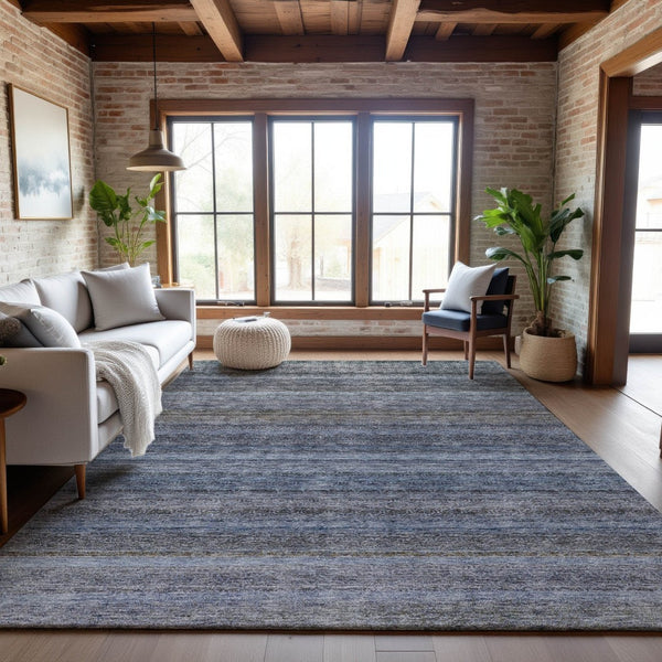 HomeRoots 10' Blue and Gray Striped Washable Area Rug – Durable, Stain-Resistant with UV Protection for Homes 688045