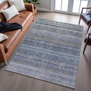 HomeRoots 10' Blue and Gray Striped Washable Area Rug – Durable, Stain-Resistant with UV Protection for Homes 688045