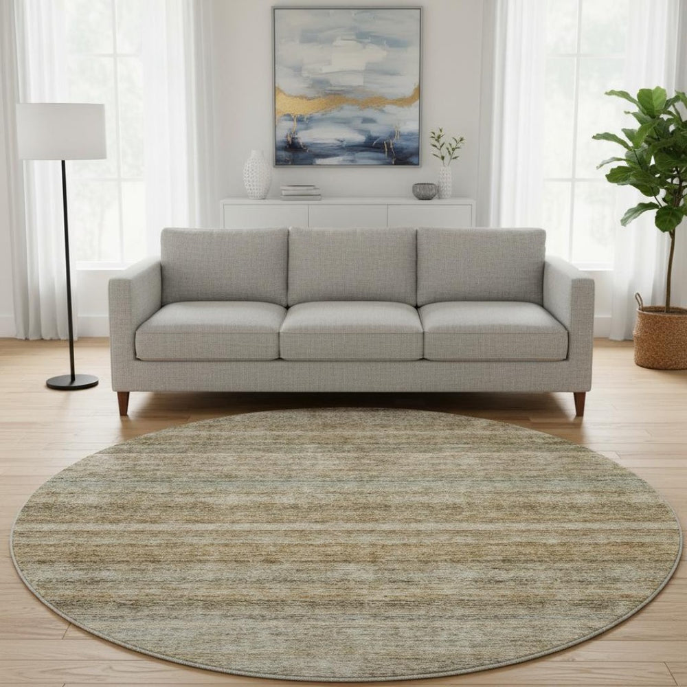 HomeRoots 8' Copper Gray and Beige Striped Washable Round Rug with UV Protection for Homes with Kids & Pets 688048