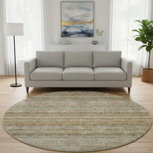 HomeRoots 8' Copper Gray and Beige Striped Washable Round Rug with UV Protection for Homes with Kids & Pets 688048